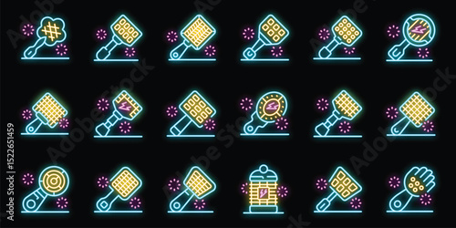 Glowing neon electric fly swatter icons set with different shapes for killing flying insects like mosquitos and flies