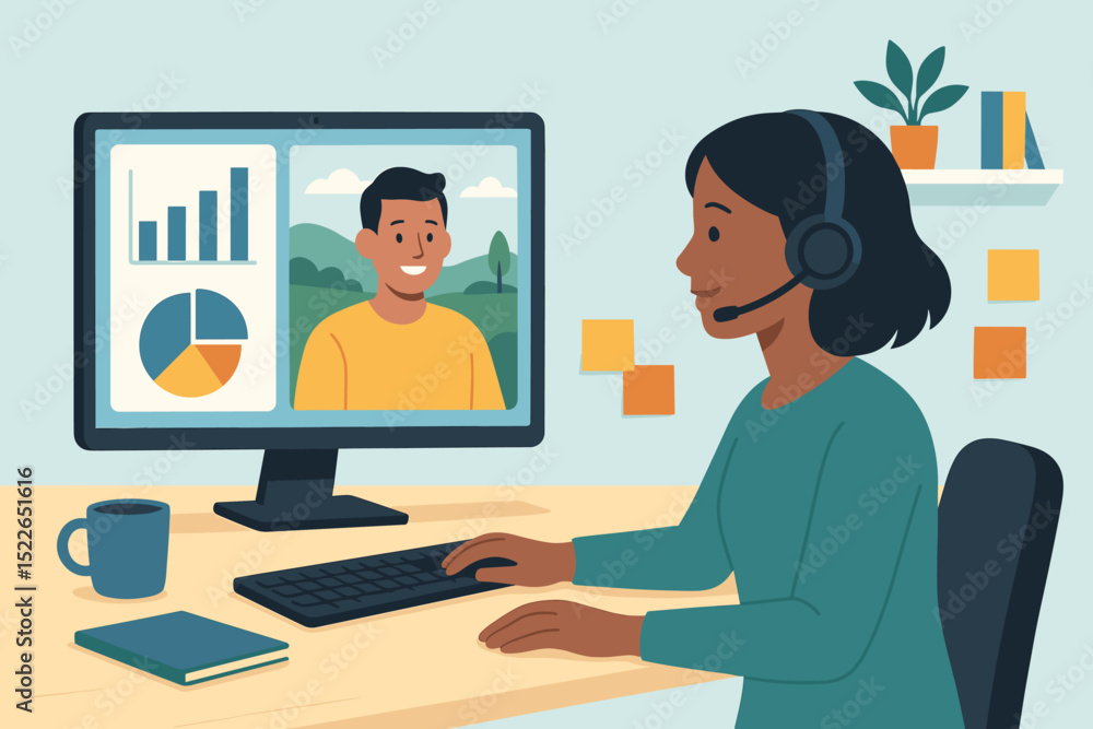 Woman in virtual meeting with charts and smiling colleague onscreen Woman in virtual meeting with charts and smiling colleague onscreen