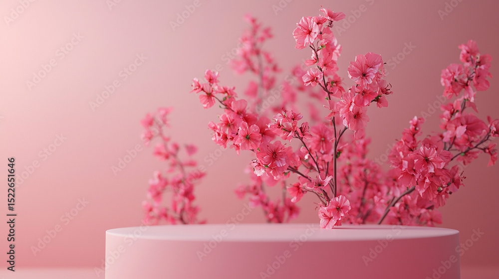 Pink cherry blossoms on a pink platform, a beautiful artistic 3d illustration Pink cherry blossoms on a pink platform, a beautiful artistic 3d illustration