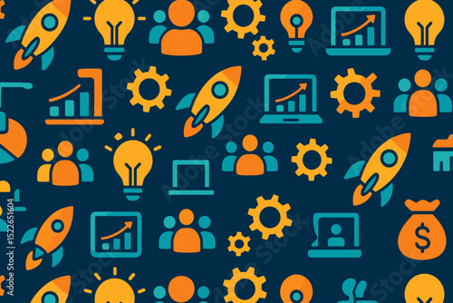 Seamless startup and innovation icons in bold flat design