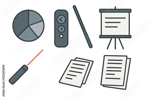 Flat vector icons of presentation tools on dark gradient background