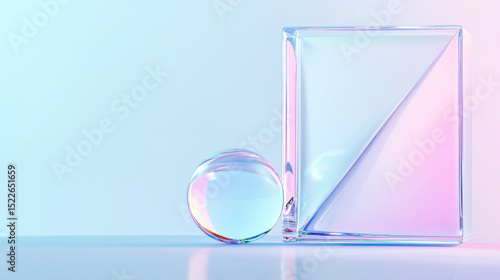 Soft Iridescent Geometric Shapes, Clear Glass Sphere, Cube, and Triangle on Minimal Gradient Background, Futuristic Digital Art, Elegant Smooth Surfaces, 3D Abstract Design