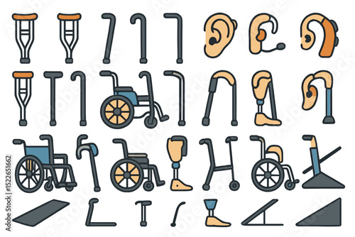 Illustrations of assistive devices for mobility and hearing support in various designs and styles
