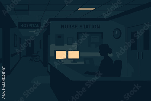 Night shift nurse working at a dimly lit hospital station