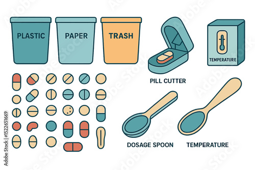 Organizing medication tools and waste with labeled containers for better health management at home