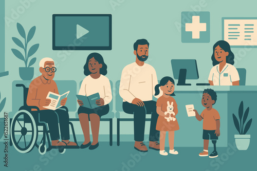 Families, patients, and healthcare professionals interact in a colorful waiting area of a clinic during the daytime