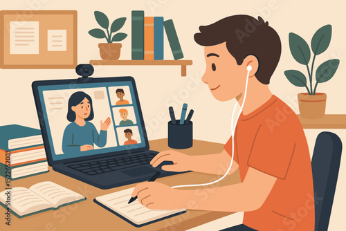 Student participates in virtual classroom session while taking notes at home desk with books and plants