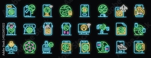 Neon icons representing international roaming services, global communication, and seamless connectivity worldwide, highlighting mobile technology and global networks