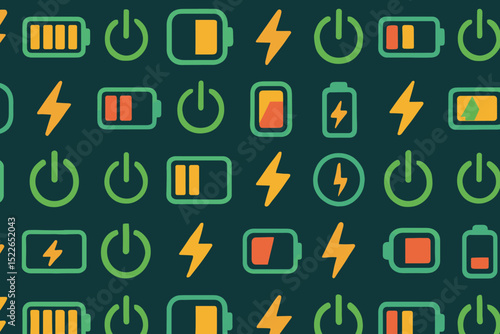 Seamless pattern of power and battery icons in green and yellow tones