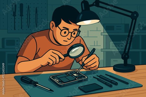 Repairing a smartphone with precision tools during evening hours in a well-lit workshop