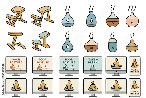 Wellness design concept featuring ergonomic chairs, essential oil diffusers, and reminders for posture correction and breaks