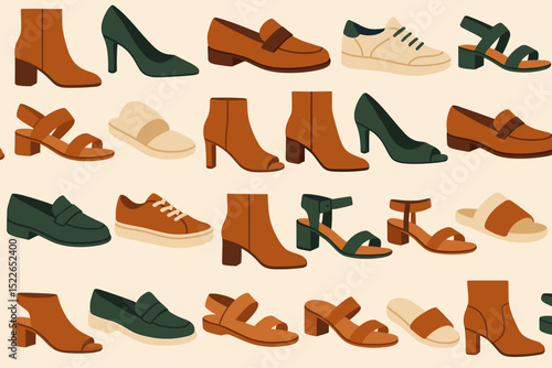 Various styles of shoes displayed in an organized layout showcasing footwear designs for different occasions and preferences