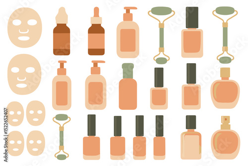 Variety of skincare and beauty products arranged in a neat layout showcasing bottles, jars, and tools for personal care