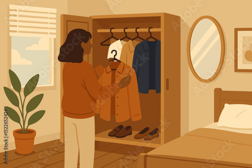 Woman selecting clothes from a wardrobe in a cozy room during daytime