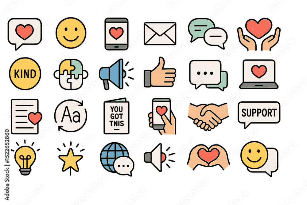 Fototapeta premium Creative collection of icons representing kindness and support in digital communication and social interactions