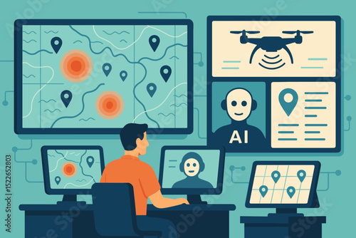 Operator monitors AI and drone data on multiple screens while analyzing map locations and user interactions in a modern control room