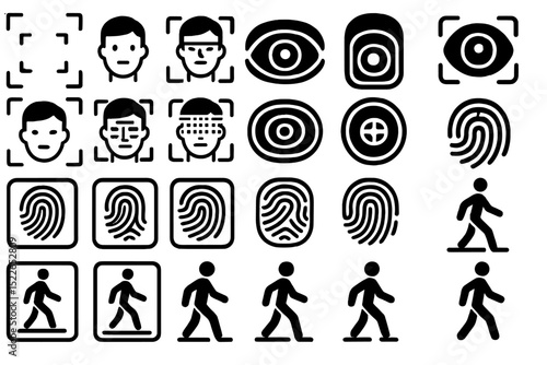 Collection of identification symbols including facial recognition, eye scans, fingerprints, and pedestrian icons for security and tracking