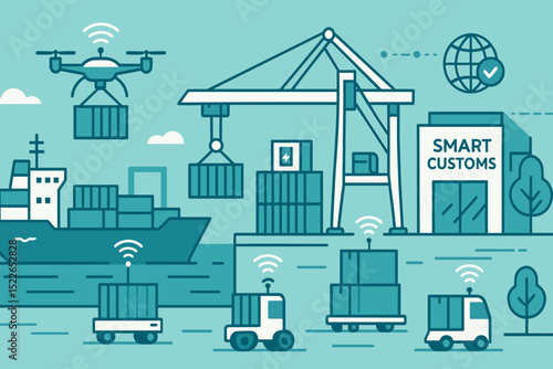 Smart customs facility at a busy port utilizing technology for efficient cargo management and transport