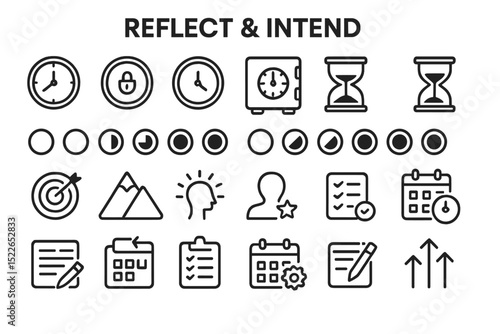 Collection of icons representing time management, goal setting, and mindfulness practices for personal development