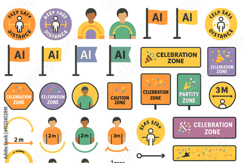 Safety and celebration sign designs promoting social distancing in public spaces during festive events