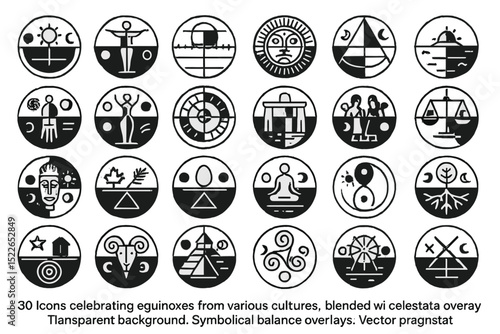 Creative icons celebrating equinoxes from different cultures on a transparent background with symbolic overlays