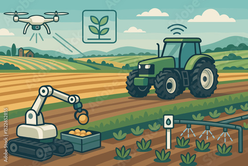 Modern farming technology combines drone, tractor, and robot for efficient crop management in sunny landscape