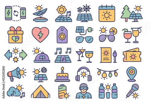 Colorful collection of icons representing leisure, technology, and environmental themes in a playful design