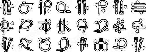 Cable ties icons set. Collection of cable ties showcasing various uses and positions, ideal for representing fastening, bundling, and securing items