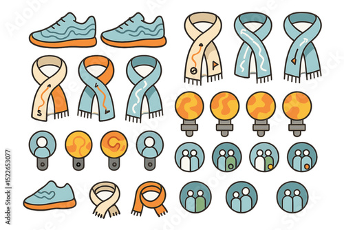 Colorful collection of sports shoes and scarves, representing various activities and social gatherings in a vibrant design