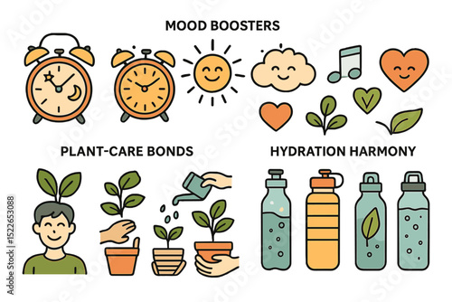 Wellness icons featuring mood, hydration, and plant-care themes