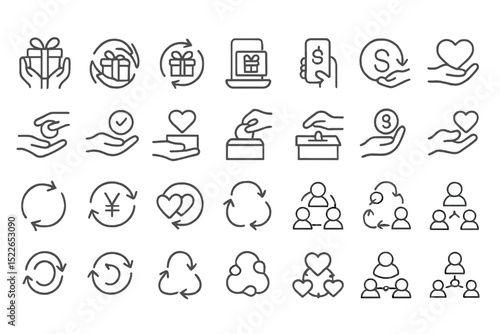 Diverse icons of giving and receiving demonstrating donations, transactions, and support in various contexts