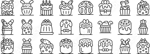 Easter cupcake icons set. Delicious easter cakes and desserts representing spring holiday traditions