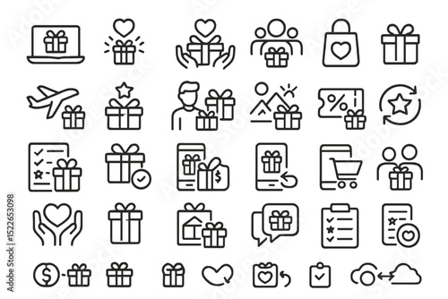 Collection of outline icons representing gift giving, shopping, and celebrations in a simple and modern style