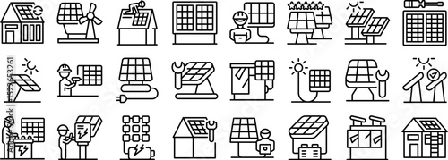 Solar panel service icons set. Collection of icons representing solar panel installation, maintenance, and various applications in residential and commercial settings, promoting renewable energy