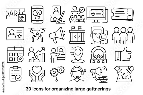 Collection of icons showcasing tools and symbols for organizing large events and gatherings effectively