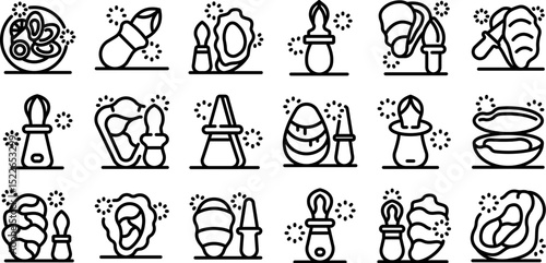 Oyster knife icons set. Oyster icons showcasing various preparation methods, tools, and presentation styles for restaurants or seafood markets