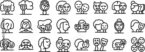 People hiding emotions icons set. Exploring various human emotions through masks and diverse facial expressions, representing feelings and mental states