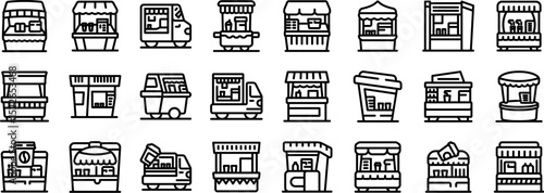 Coffee booth icons set. Mobile food vendors serving snacks and beverages in bustling urban environments