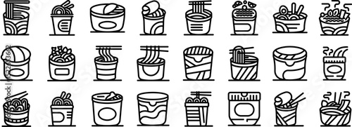 Instant noodle cup icons set. Diverse set of noodle dishes presented in bowls, cups, and containers, showcasing variations of ramen, udon, and instant noodles