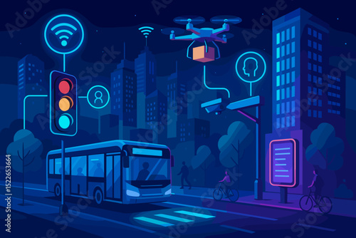 Cityscape with modern bus, drone delivery, and smart traffic signals during nighttime urban activity