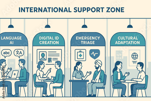 International support zone offers resources for language assistance, digital ID creation, emergency triage, and cultural adaptation