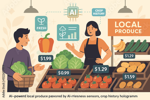 AI-powered local produce market with digital freshness indicators