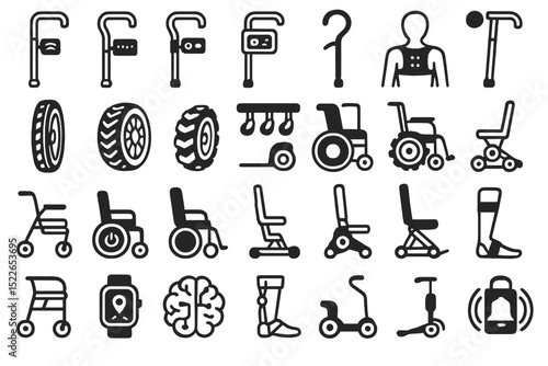 Collection of mobility aids, accessories, and assistive devices designed for enhancing mobility for individuals with disabilities or injuries