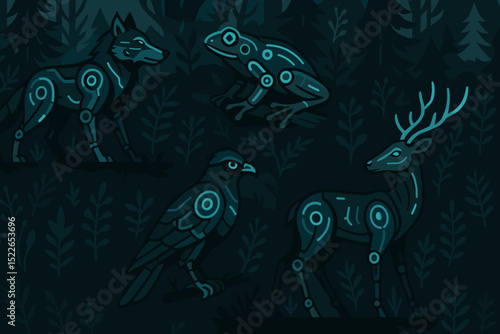 Art featuring robotic animals in a dark forest setting showcasing a wolf, frog, bird, and deer illuminated in blue light
