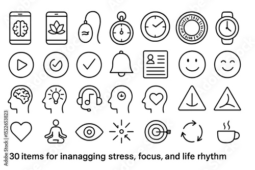 Unique collection of symbols representing stress management, focus techniques, and maintaining life balance showcased in minimalist style