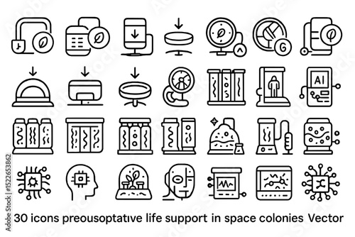 Illustration showcases 30 unique icons representing life support systems in future space colonies designed for efficient survival