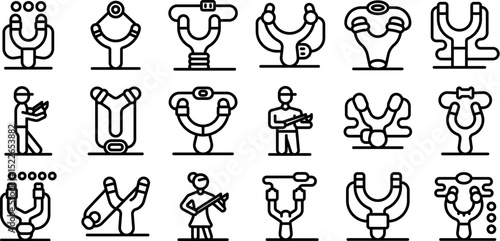 Slingshot icons set. Various slingshot designs, showcasing hunting, aiming, and recreational use, with different models and styles