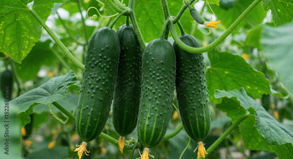 Hanging cucumbers in a greenhouse with blooming flowers, ready for harvesting Hanging cucumbers in a greenhouse with blooming flowers, ready for harvesting