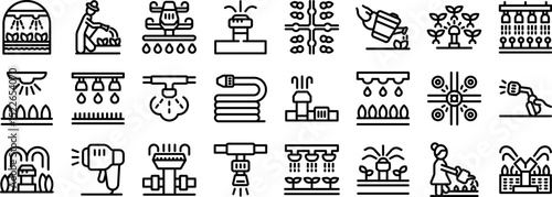 Watering crops icons set. Farmers are taking care of plants, using watering cans, hoses, sprinklers and other irrigation systems, ensuring proper hydration and growth