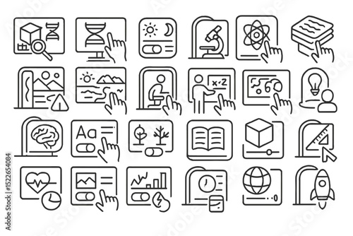 Learning tools and educational symbols illustrated through various icons representing STEM fields at a digital interface